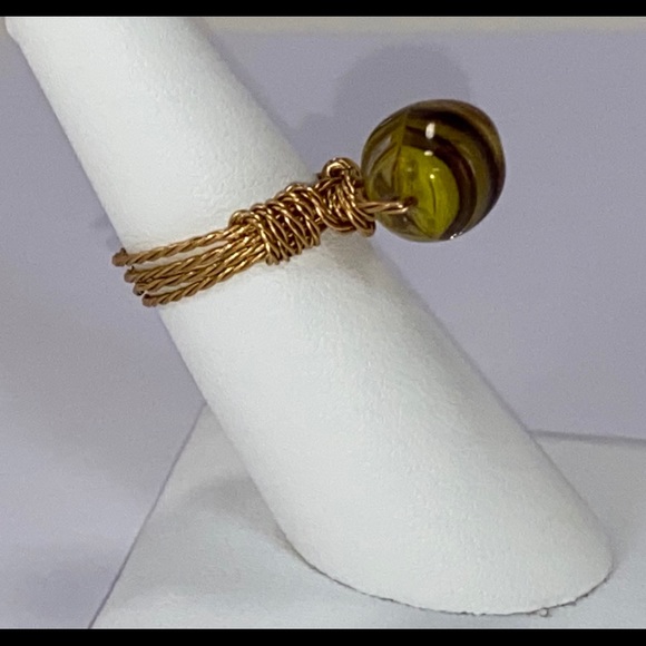 Handmade Yellow and Brown Glass Bead Ring - Picture 3 of 16
